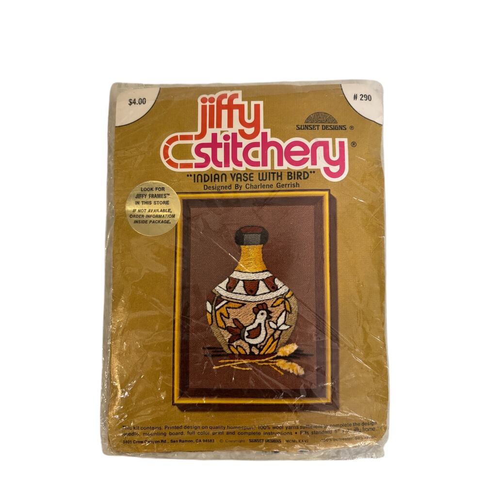 Vintage Jiffy Stitchery #290 Indian Vase Bird Kit Sunset Designs Open Complete